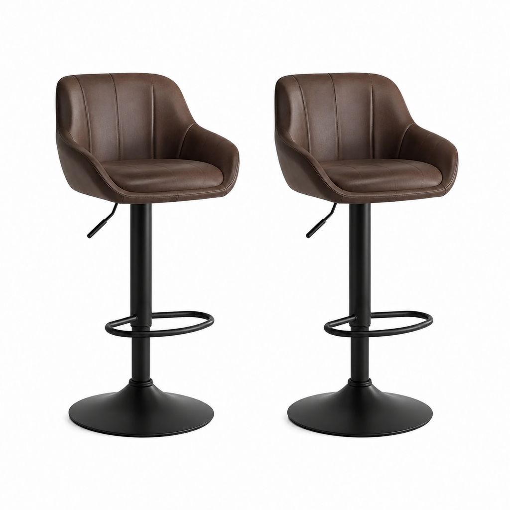 2er Set Barhocker Braun aus PU-Kunstleder mit Armlehnen Höhenverstellbar 50 x 55 x 90-111 cm