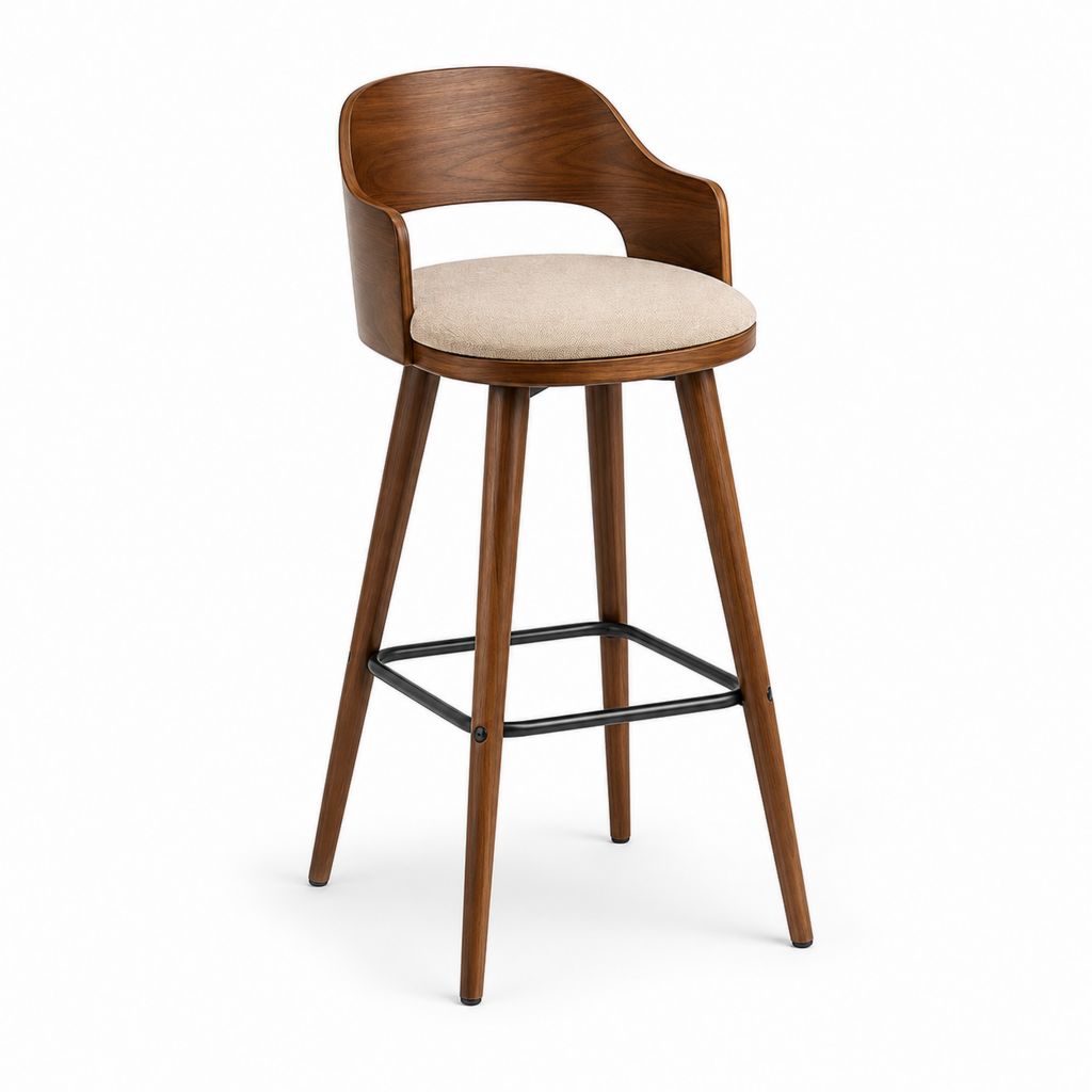 Barhocker mit Rückenlehne Braun Beige aus Walnussfurnier Polyester 100 x 52 x 54 cm