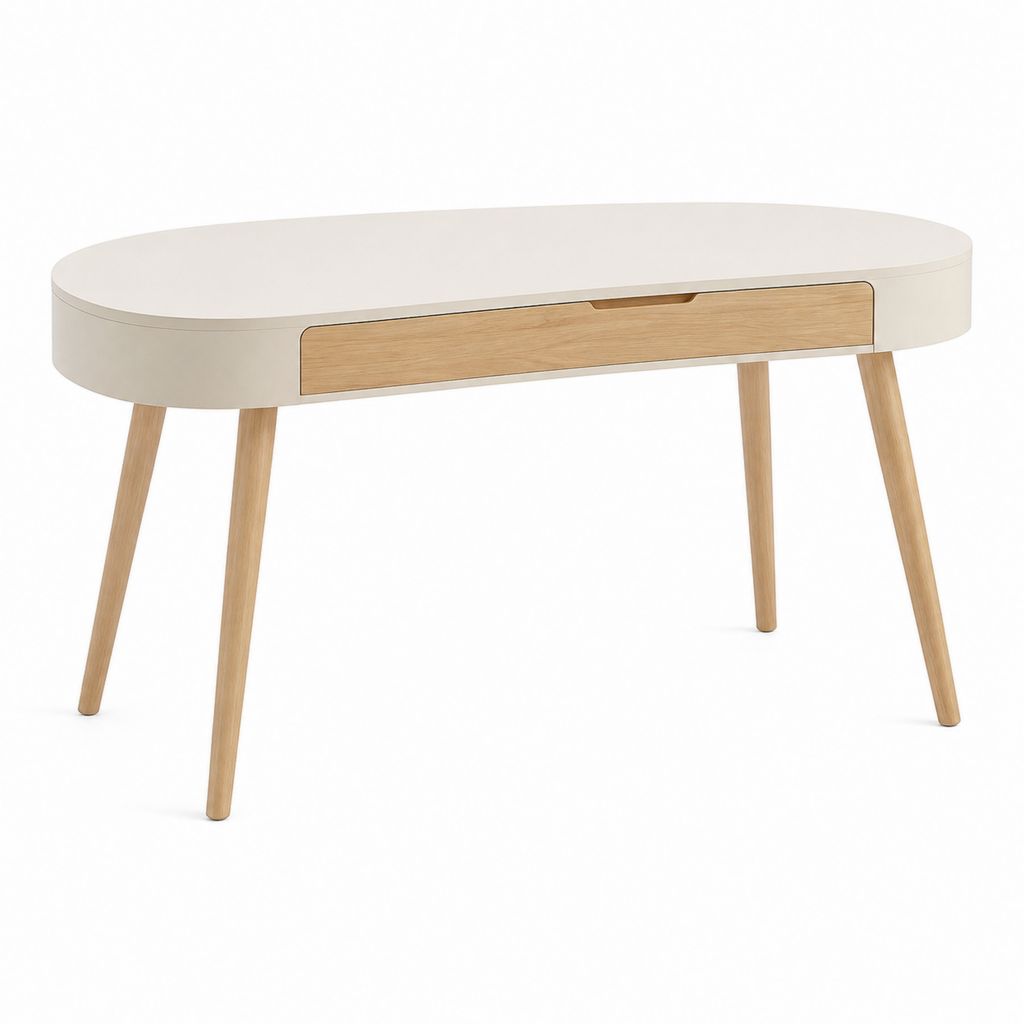 Schreibtisch mit Schublade Weiß und Eichenoptik MDF Massivholz Oval 120 x 60 x 75 cm