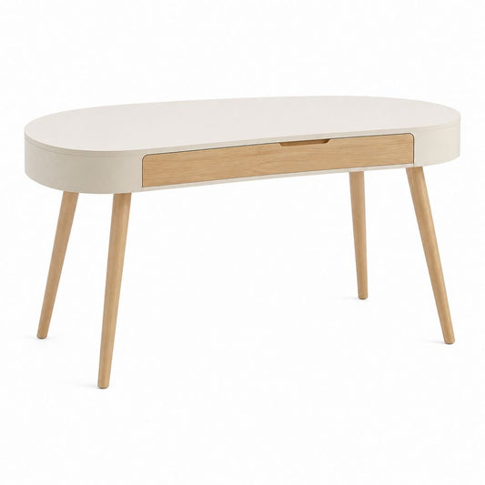 Schreibtisch mit Schublade Weiß und Eichenoptik MDF Massivholz Oval 120 x 60 x 75 cm