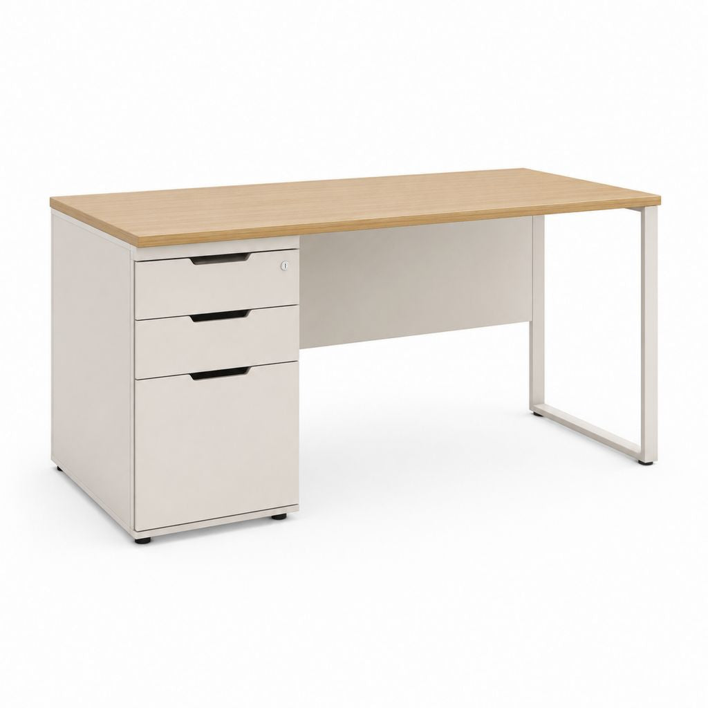 Schreibtisch mit 3 Schubladen abschließbar Weiß Eiche Dekor Spanplatte Stahl rechteckig 120 x 60 x 75 cm