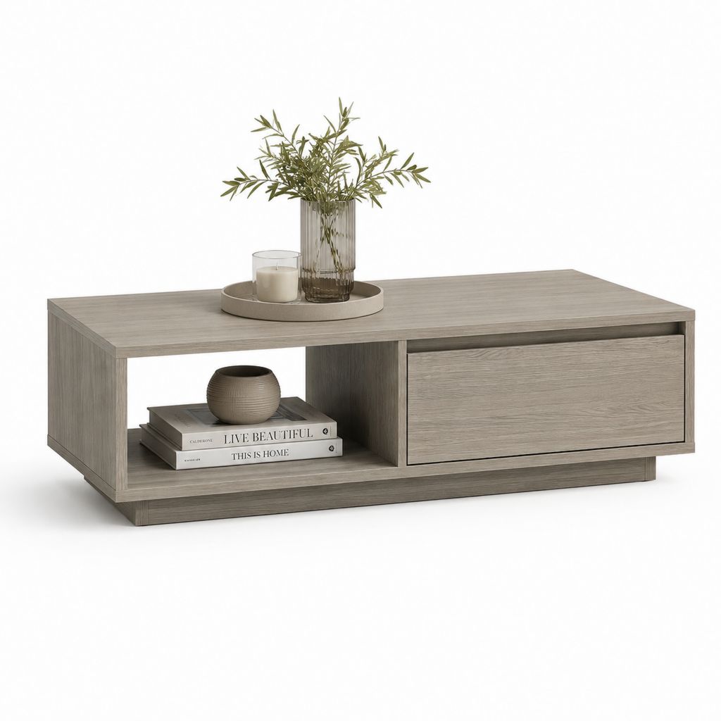 Couchtisch Grau Eichenoptik aus melaminbeschichteter Spanplatte rechteckig mit Schublade und Ablagefach 110 x 60 x 40 cm