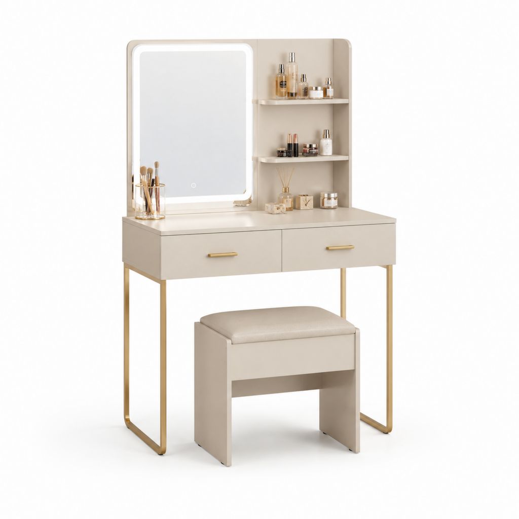 Schminktisch Set Beige MDF mit LED-Spiegel 100 x 40 x 140 cm und Hocker
