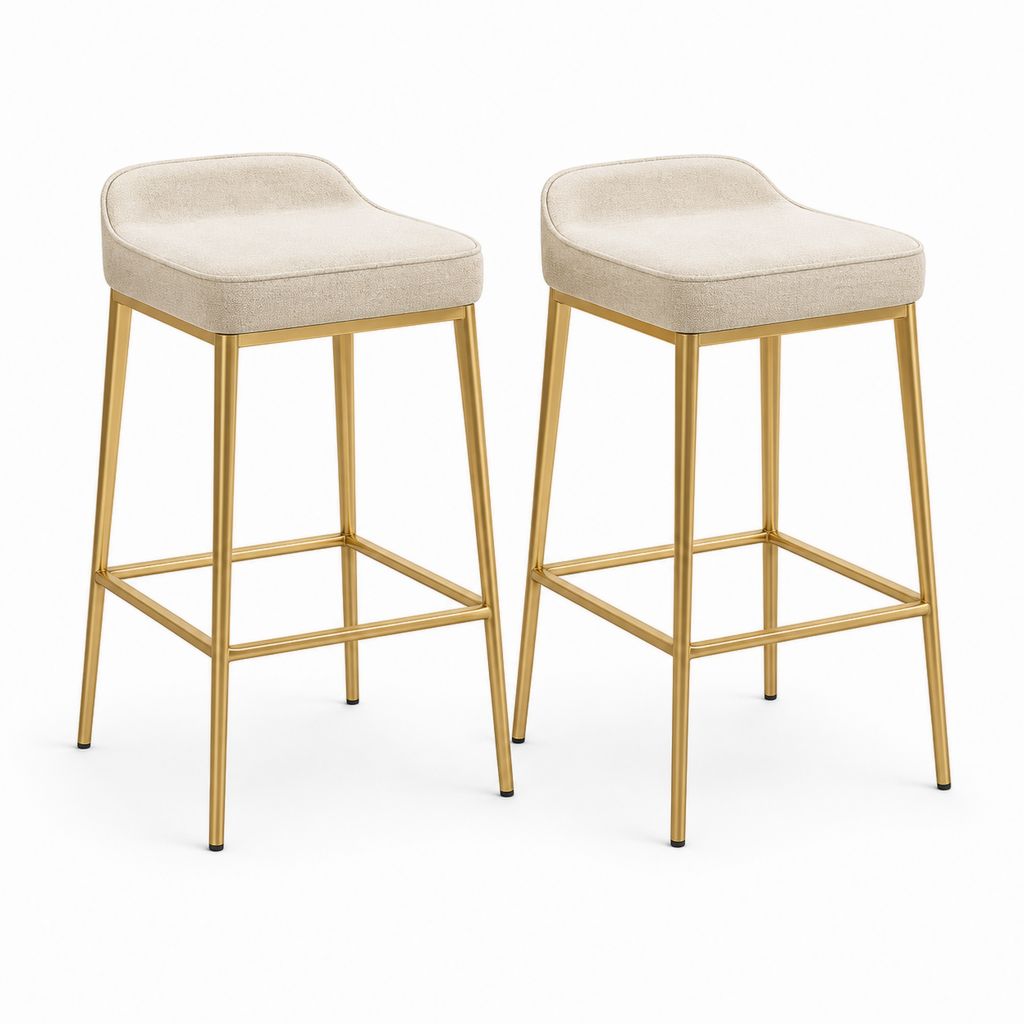 2er Set Barhocker Beige mit Polyester-Bouclé und Stahlgestell Gold 48 x 50 x 94 cm