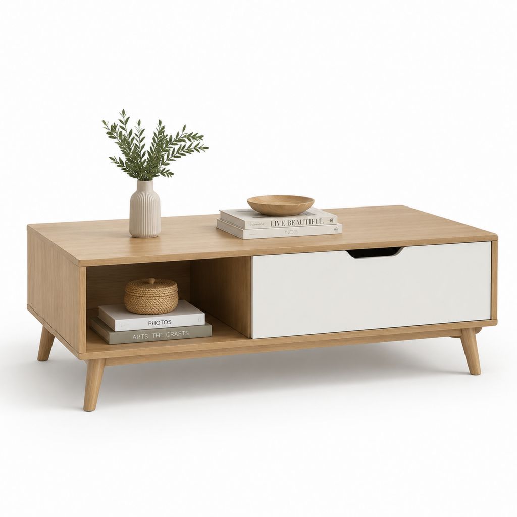 Couchtisch Eicheoptik mit Schublade und offenem Fach rechteckig 100 x 50 x 45 cm