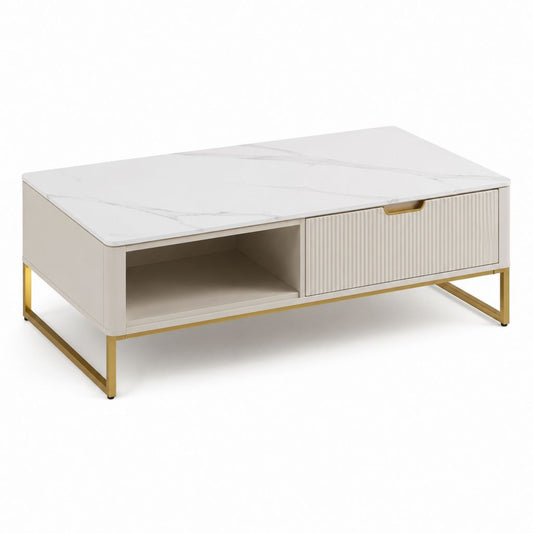 Couchtisch Cremeweiß aus MDF und Sinterstein rechteckig mit Schublade 100 x 60 x 42 cm
