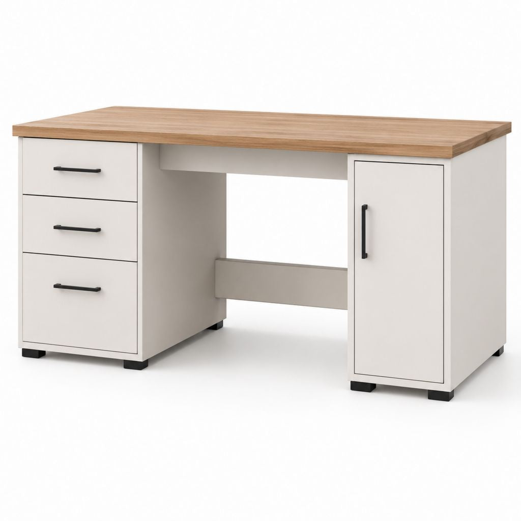 Schreibtisch mit 3 Schubladen und Tür Weiß Eiche-Optik Spanplatte rechteckig 120 x 60 x 75 cm