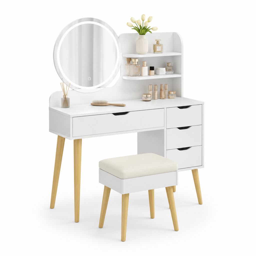 Schminktisch Set Weiß MDF mit rundem LED-Spiegel 100 x 40 x 140 cm und Hocker