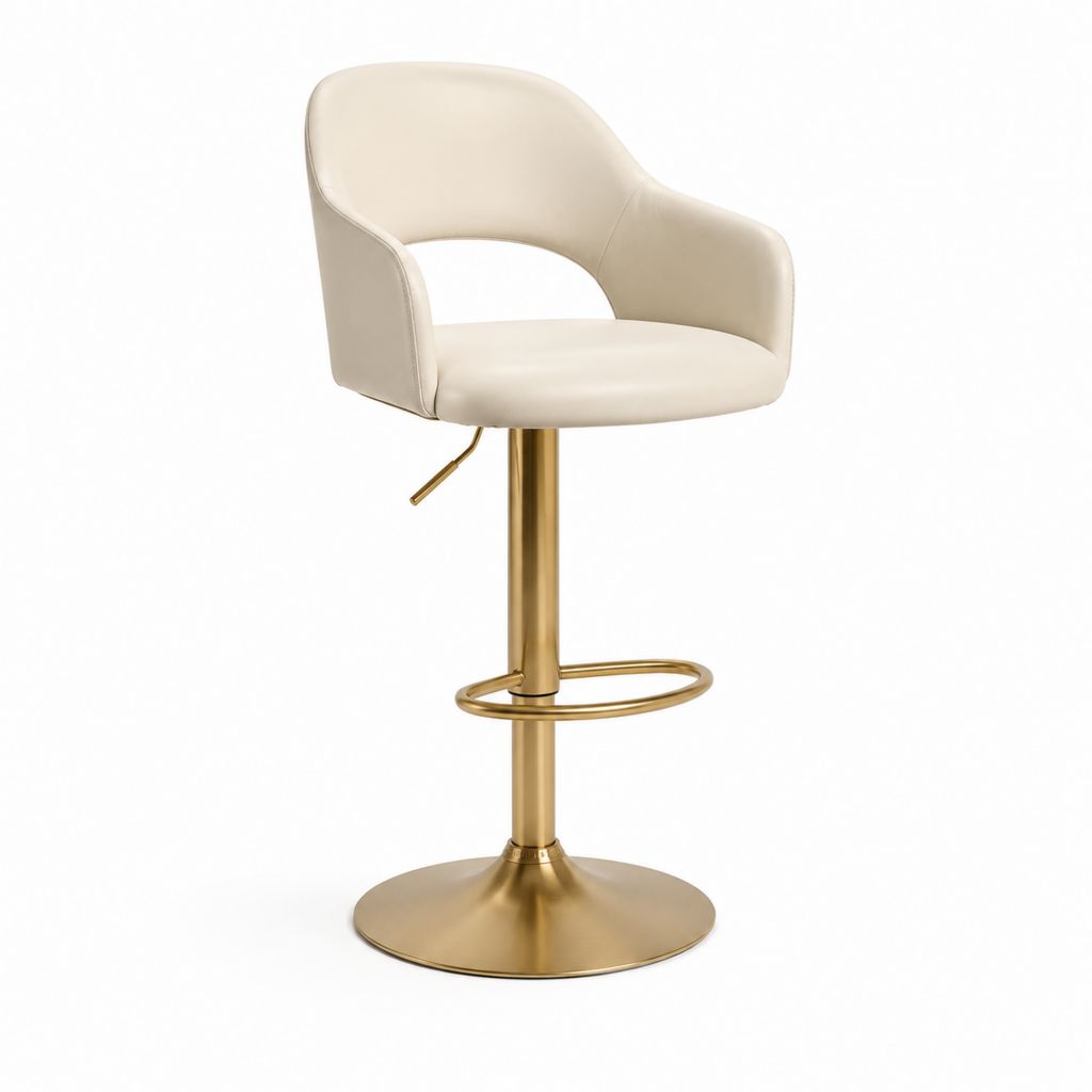 Barhocker mit Armlehnen Cremeweiß PU-Kunstleder Stahlgestell Gold höhenverstellbar 52 x 55 x 88-109 cm