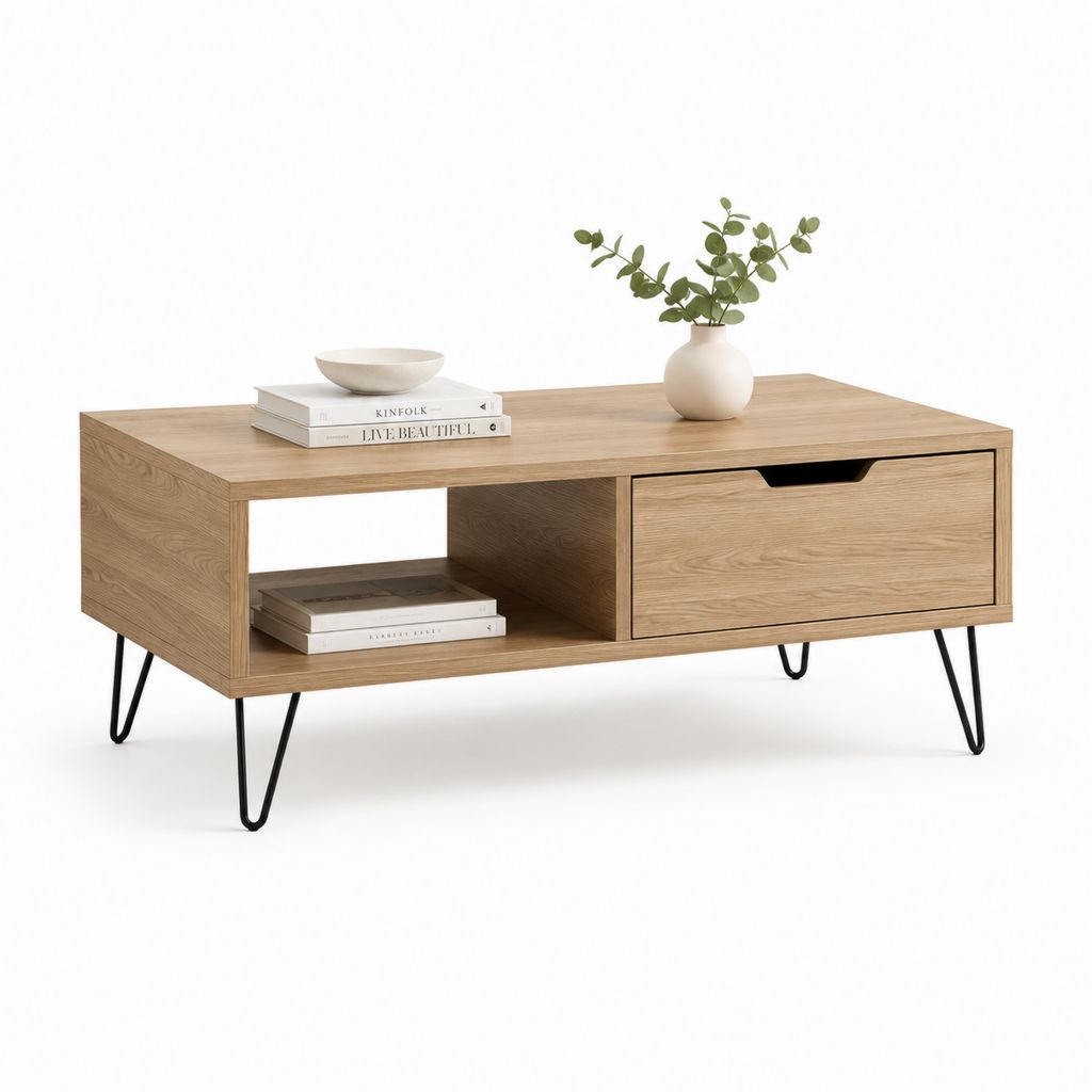 Couchtisch Eichenholzoptik Spanplatte rechteckig mit Schublade und Ablagefach 120 x 60 x 45 cm