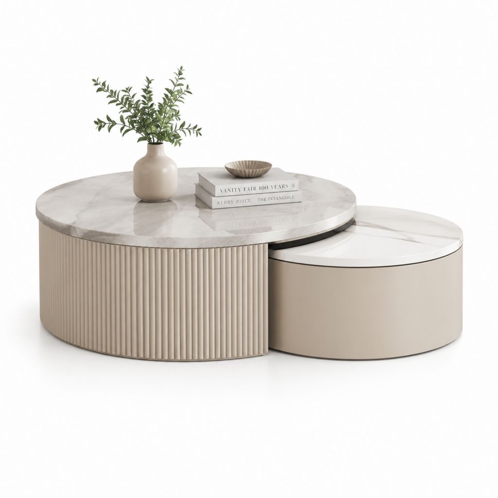 Couchtisch Set 2-teilig Beige Weiß MDF Sinterstein rund Ø 80 cm und Ø 60 cm