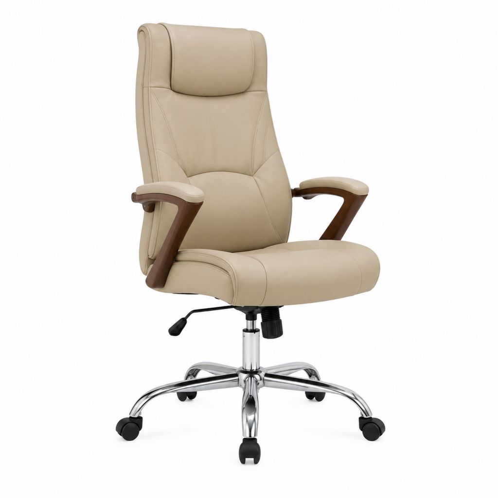 Bürodrehstuhl Chefsessel Beige PU-Kunstleder mit hoher Rückenlehne und Armlehnen 65 x 65 x 120-130 cm