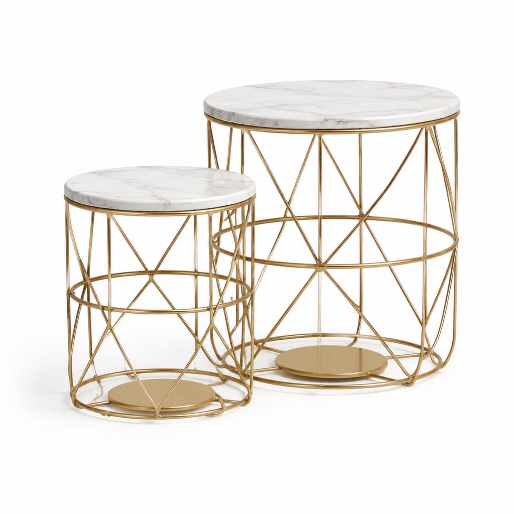Couchtisch-Set 2-teilig Weiß Marmoroptik Stahl Gold Rund Ø 80 x 45 cm und Ø 60 x 40 cm
