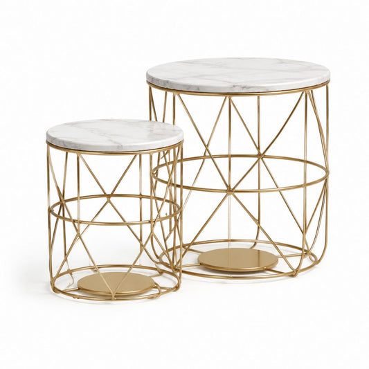 Couchtisch-Set 2-teilig Weiß Marmoroptik Stahl Gold Rund Ø 80 x 45 cm und Ø 60 x 40 cm